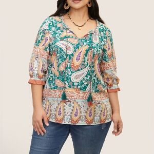 BLOOMCHIC Boho Print Lantern Sleeve Top NWT
